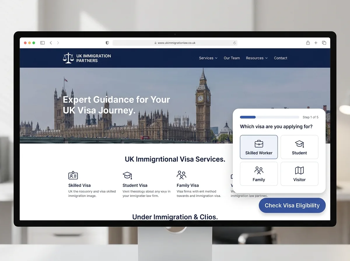 VisaScreen widget showing visa eligibility quiz on UK immigration law firm website